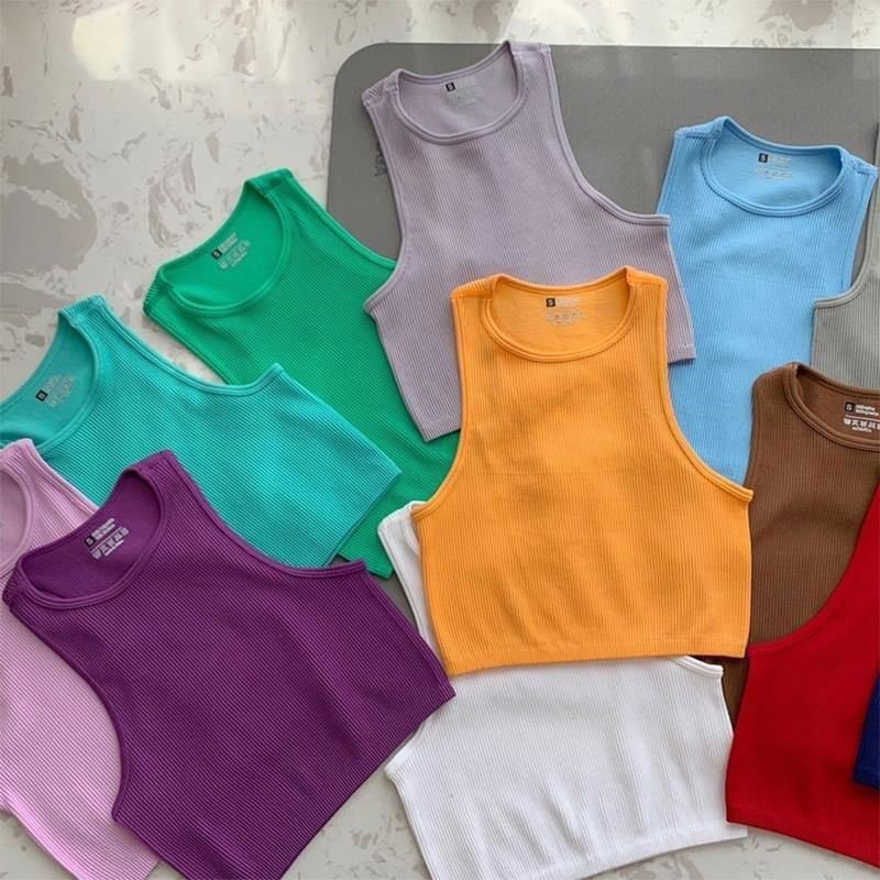 Wholesale Cropped Women's Solid T-shirt Tank Top Seamless Streetwear Stretch Rib Knit Sleeveless Casual Tank Top Stock