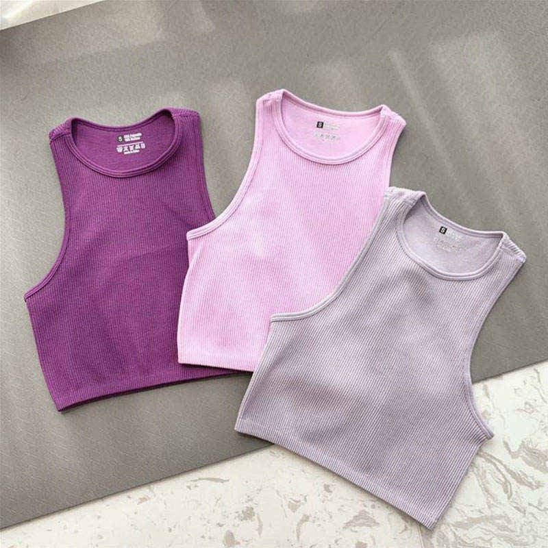 Wholesale Cropped Women's Solid T-shirt Tank Top Seamless Streetwear Stretch Rib Knit Sleeveless Casual Tank Top Stock