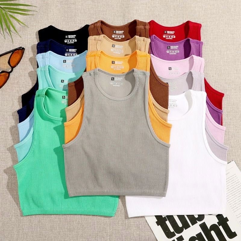 Wholesale Cropped Women's Solid T-shirt Tank Top Seamless Streetwear Stretch Rib Knit Sleeveless Casual Tank Top Stock