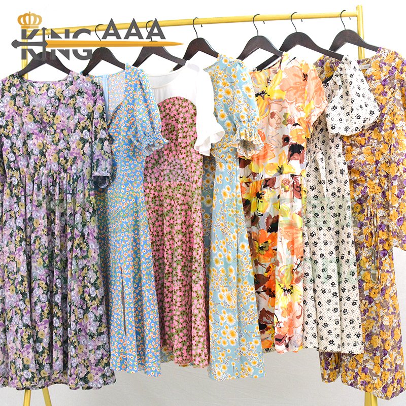 Wholesale Women Used Clothes Cotton Casual Dresses Floral Print Ladies Summer Short Sleeve Second Hand Clothing Bales