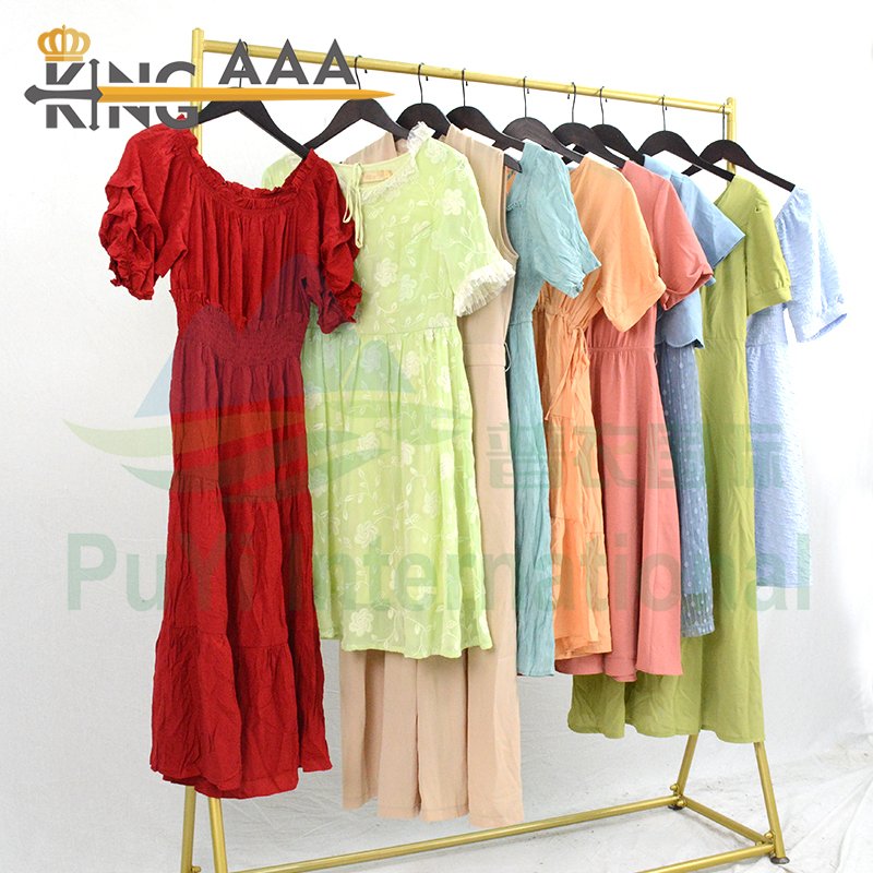 Wholesale Women Used Clothes Cotton Casual Dresses Floral Print Ladies Summer Short Sleeve Second Hand Clothing Bales