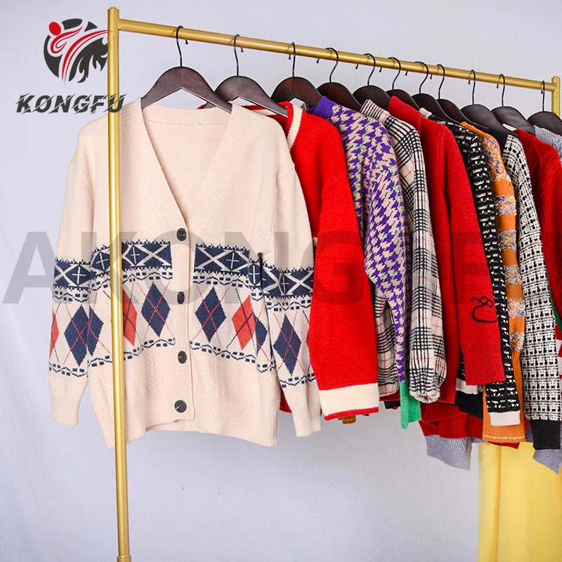 AKONGFU girls long sleeve sweaters coat second hand cardigan knit sweater branded apparel stock bundle ladies used clothes