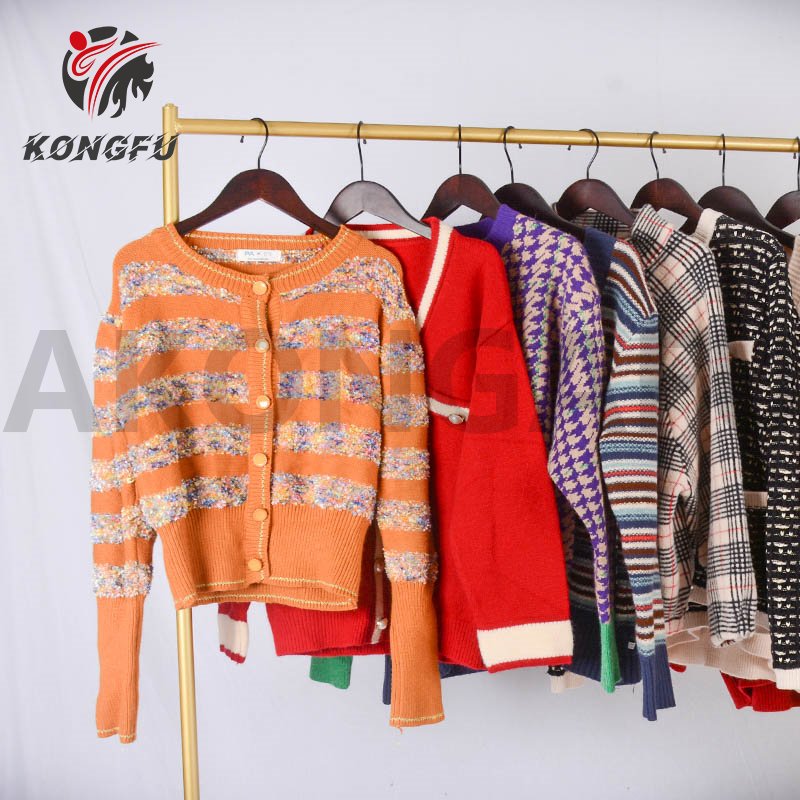 AKONGFU girls long sleeve sweaters coat second hand cardigan knit sweater branded apparel stock bundle ladies used clothes