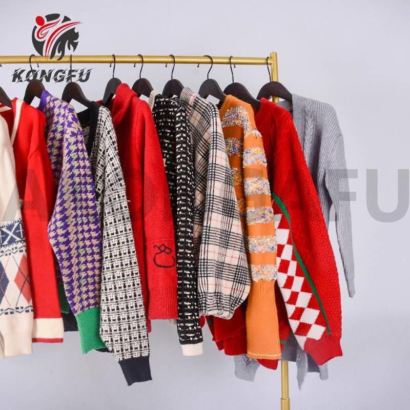 AKONGFU girls long sleeve sweaters coat second hand cardigan knit sweater branded apparel stock bundle ladies used clothes