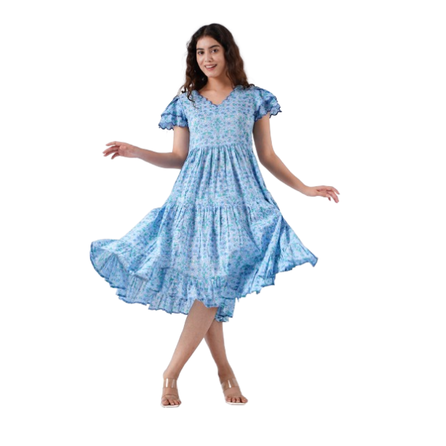Trending New Jordy Blue Cotton Indian Hand Block Printed Women's Wedding Casual Party Evening Dresses-Cute Girls Dresses