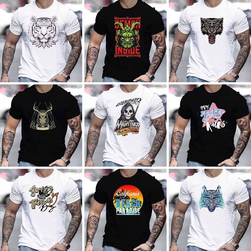Wholesale summer stock men's plus size cartoon letter breathable quick drying oversized t-shirt casual tops