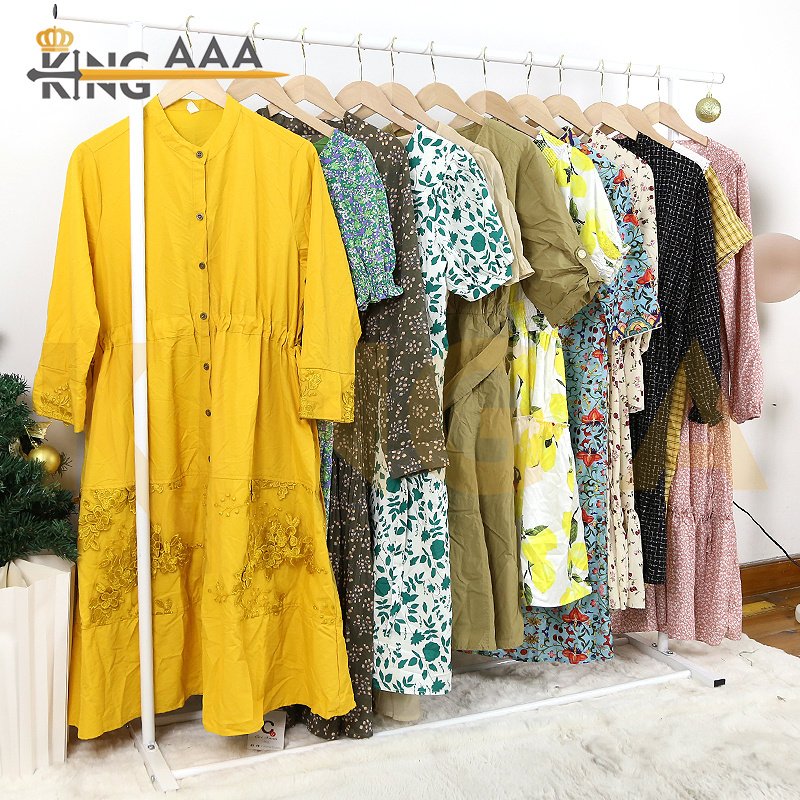Glossy chinese navy yellow silk fabric dress second hand clothing women chinese used dress