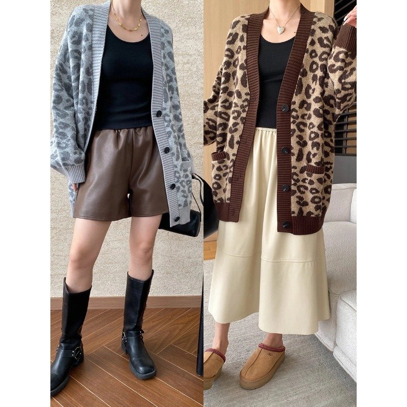 Loose V-neck leopard print temperament knitted cardigan 2024 autumn SN6333