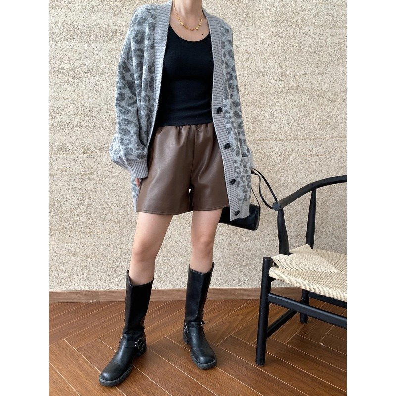 Loose V-neck leopard print temperament knitted cardigan 2024 autumn SN6333
