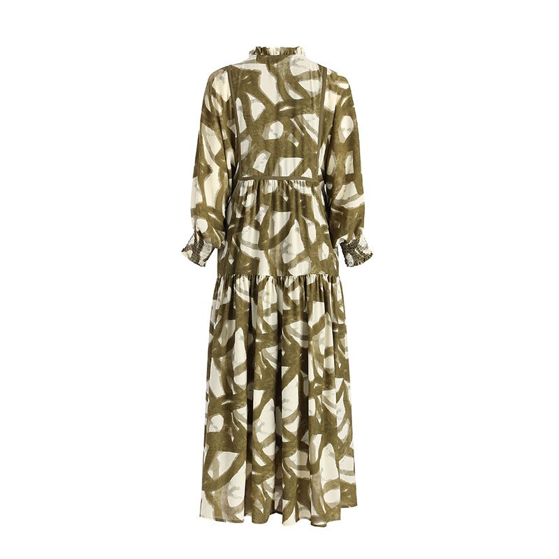 High-Quality Ruffled Stand Collar Tie Long Sleeve Elastic Wide Sleeves And Front Woven Band Loose Fit Cake Layer Women Dress