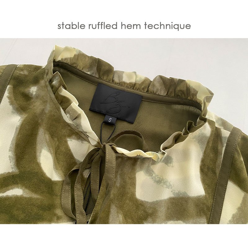 High-Quality Ruffled Stand Collar Tie Long Sleeve Elastic Wide Sleeves And Front Woven Band Loose Fit Cake Layer Women Dress