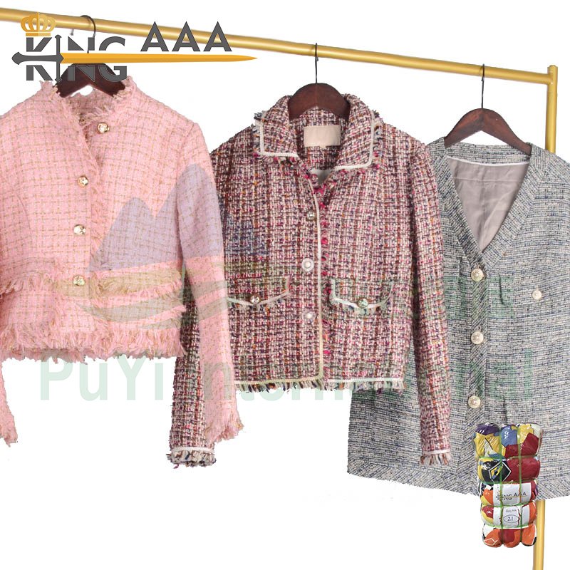 2024 Fashion Second Hand Used Clothes Tweed Wool Polyester Coat Fabric Channel Style Ladies Women Top Jacket