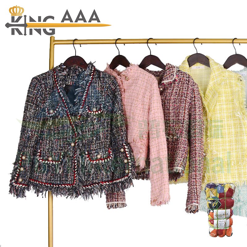 2024 Fashion Second Hand Used Clothes Tweed Wool Polyester Coat Fabric Channel Style Ladies Women Top Jacket