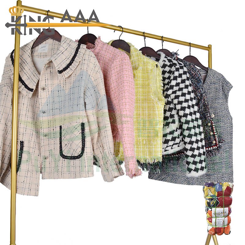 2024 Fashion Second Hand Used Clothes Tweed Wool Polyester Coat Fabric Channel Style Ladies Women Top Jacket
