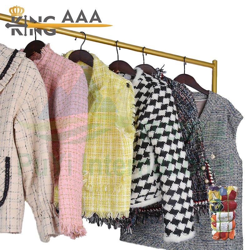 2024 Fashion Second Hand Used Clothes Tweed Wool Polyester Coat Fabric Channel Style Ladies Women Top Jacket