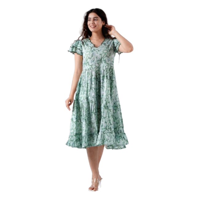 Trending New Turquoise Green Cotton Indian Hand Block Printed Women's Wedding Casual Party Evening Dresses-Cute Girls Dresses
