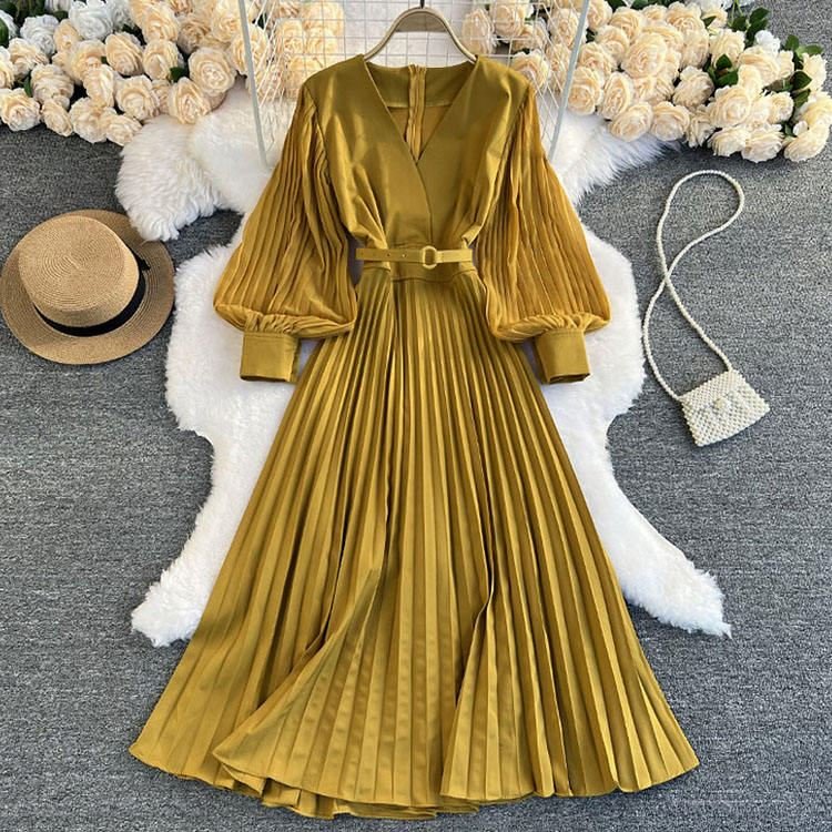 2024 Spring pure color lantern sleeve v neck dresses with belt pleated dress