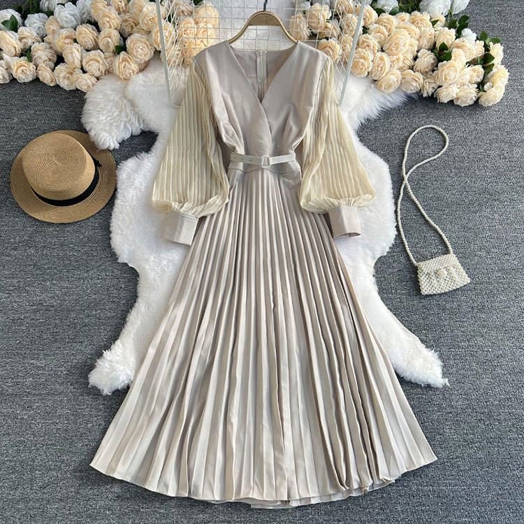 2024 Spring pure color lantern sleeve v neck dresses with belt pleated dress