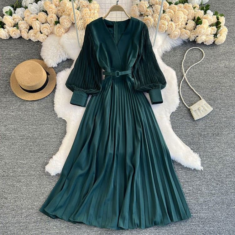 2024 Spring pure color lantern sleeve v neck dresses with belt pleated dress