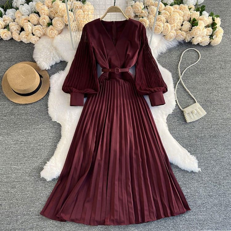2024 Spring pure color lantern sleeve v neck dresses with belt pleated dress