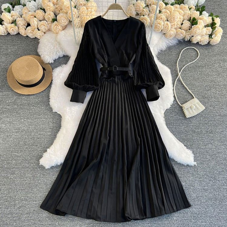 2024 Spring pure color lantern sleeve v neck dresses with belt pleated dress