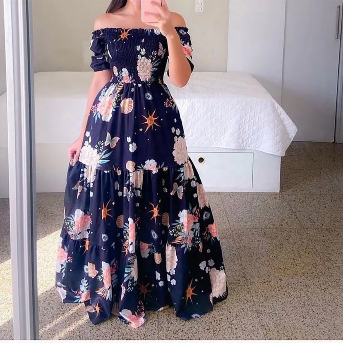 2024 New fashion Ladies Long summer one-shoulder floral dress Ladies Casual dress Ladies maxi dress