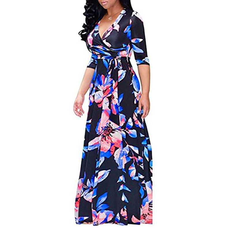 5XL Plus Size Women Clothing Floral Print Long Sleeve Maxi African Split Dress for Women
