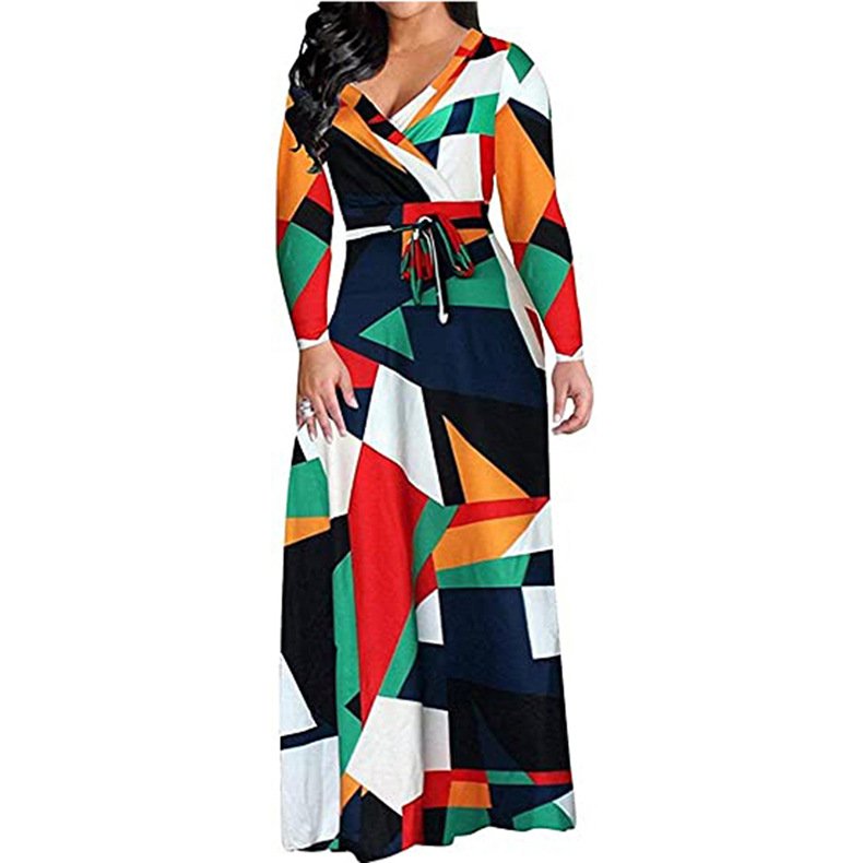 5XL Plus Size Women Clothing Floral Print Long Sleeve Maxi African Split Dress for Women