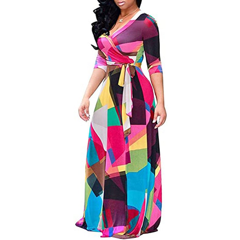 5XL Plus Size Women Clothing Floral Print Long Sleeve Maxi African Split Dress for Women