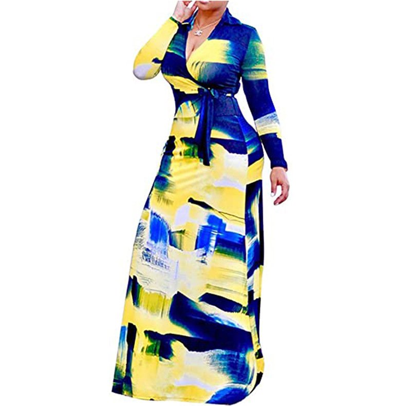 5XL Plus Size Women Clothing Floral Print Long Sleeve Maxi African Split Dress for Women