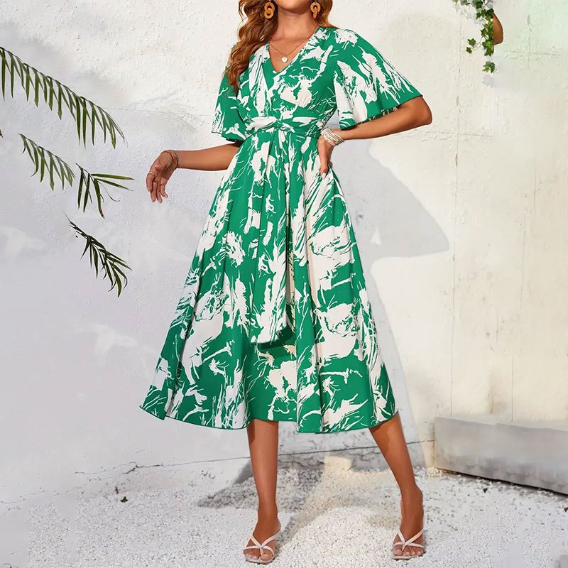 2024 Summer New Elegant and Romantic Maxi Skirt Flared Sleeve V-Neck Ruffle Ribbon Print Dress Long Skirt
