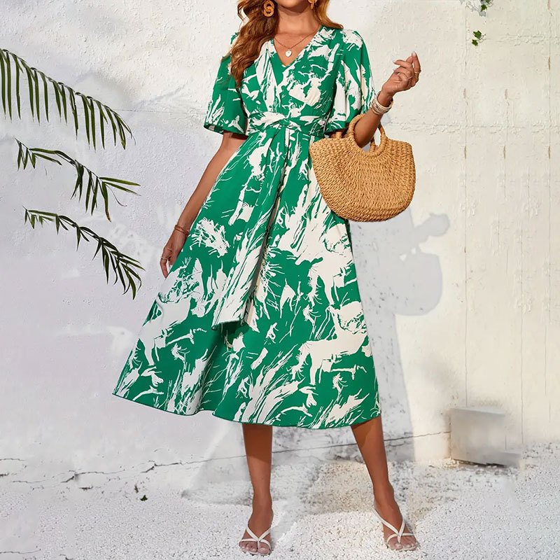 2024 Summer New Elegant and Romantic Maxi Skirt Flared Sleeve V-Neck Ruffle Ribbon Print Dress Long Skirt