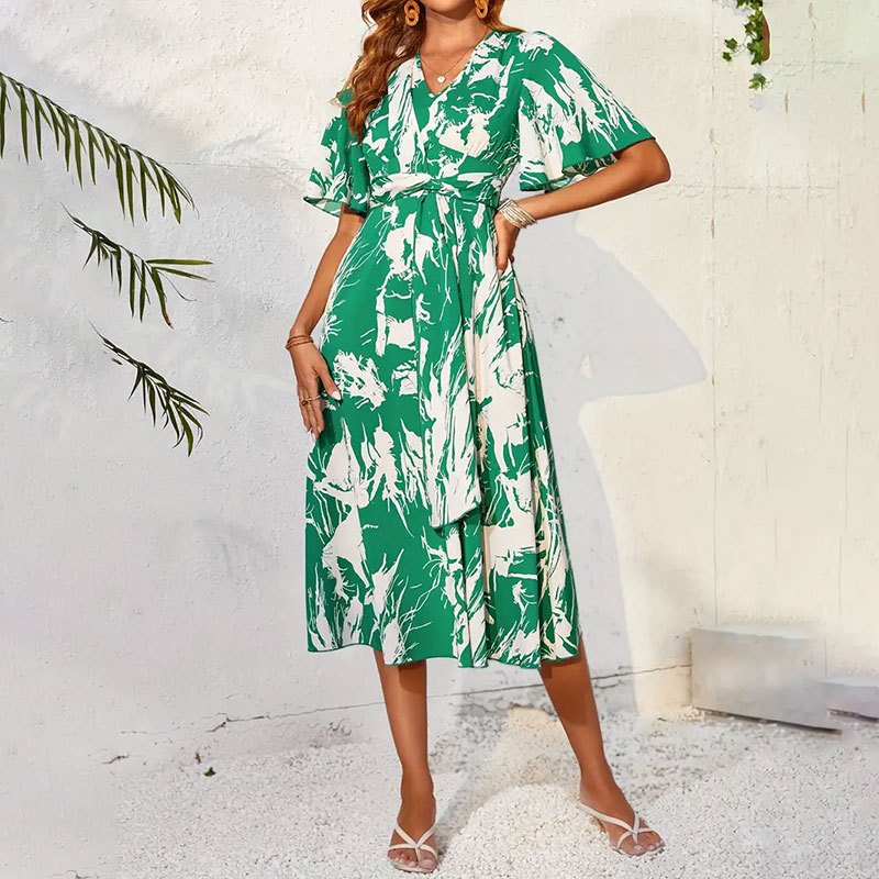 2024 Summer New Elegant and Romantic Maxi Skirt Flared Sleeve V-Neck Ruffle Ribbon Print Dress Long Skirt