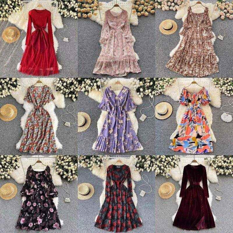 Digital Print Ladies Long Chiffon Dresses Elegant Vacation Women Dresses Floral Print Maxi Casual Dresses Stock