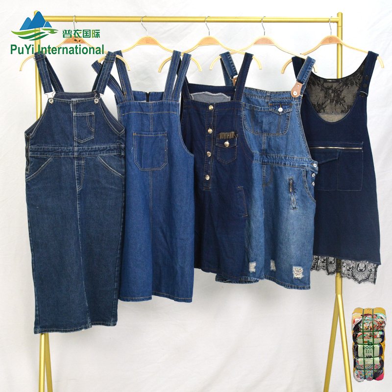 PUYI second hand ladies jean suspender skirt used clothes origin used clothing