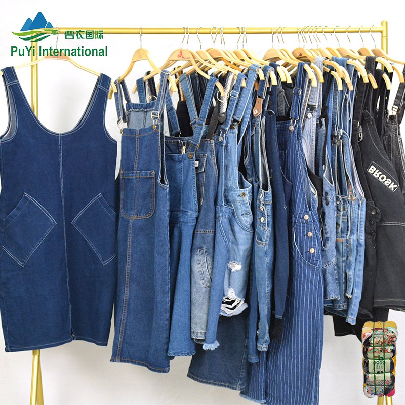 PUYI second hand ladies jean suspender skirt used clothes origin used clothing