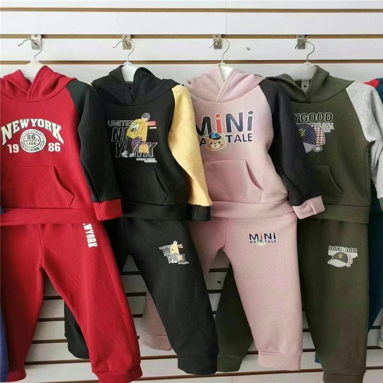 wholesale 3-8 Years Kids Fleece Pullover Tracksuit 2 Piece Thick Winter Heavyweight Hoodies Set sweatshirt set