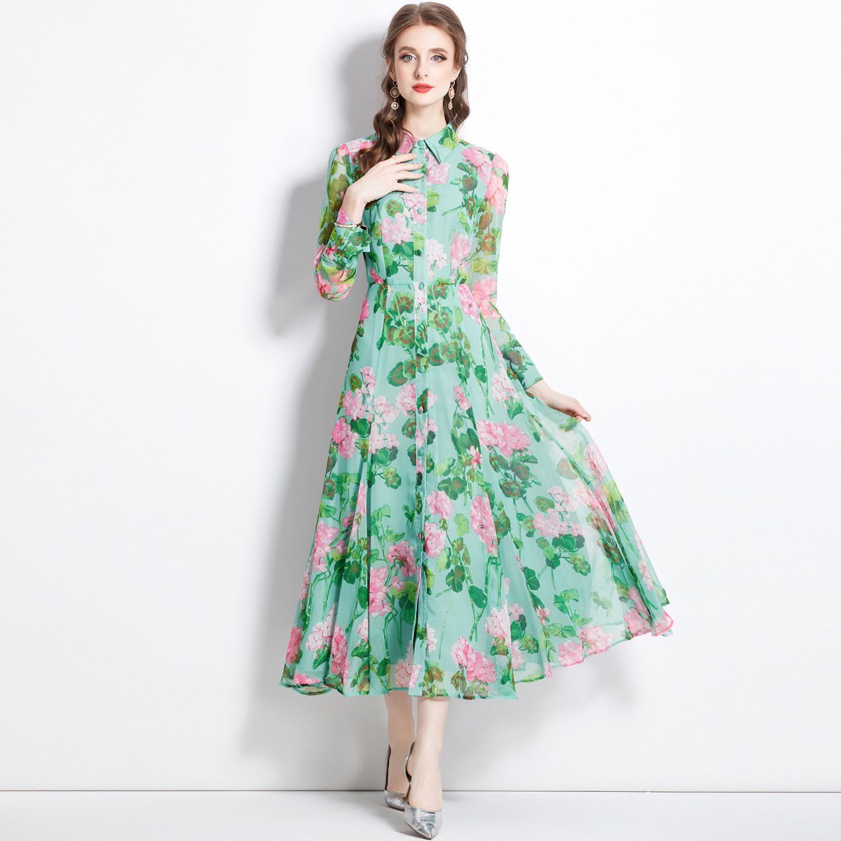 stand neck casual dresses for women girls dresses 10-14 yrs casual green long sleeve round neck floral dress maxi clothing