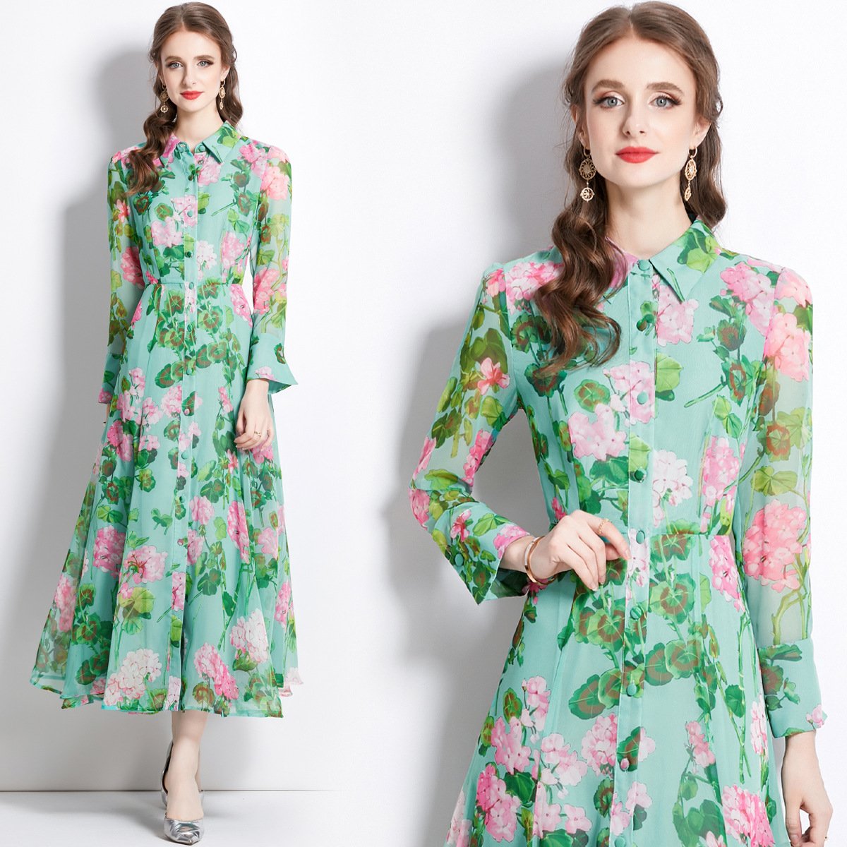 stand neck casual dresses for women girls dresses 10-14 yrs casual green long sleeve round neck floral dress maxi clothing