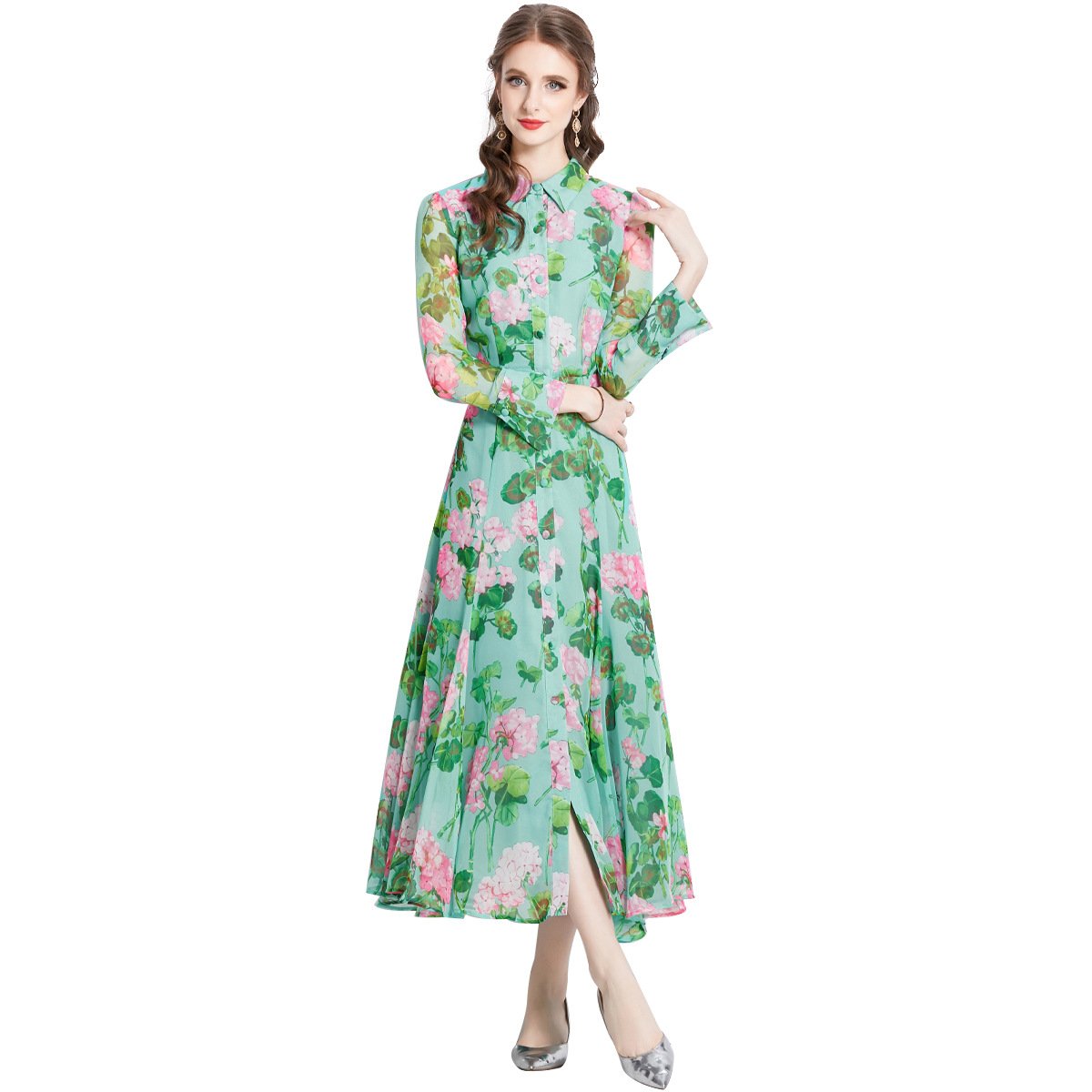 stand neck casual dresses for women girls dresses 10-14 yrs casual green long sleeve round neck floral dress maxi clothing