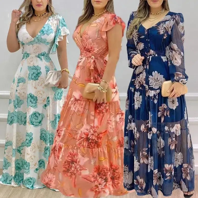 Fashion Ladies Long Summer One-shoulder Floral Dress Women Clothing Casual Dresses Women's Maxi Dresses Random shipment