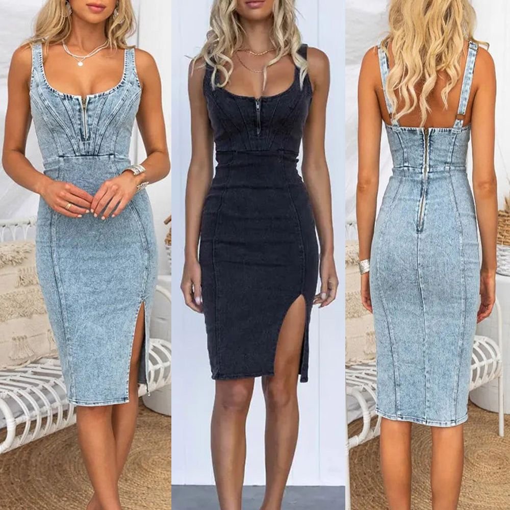 2024 European and American short sleeve U-neck suspender distressed casual style denim dress