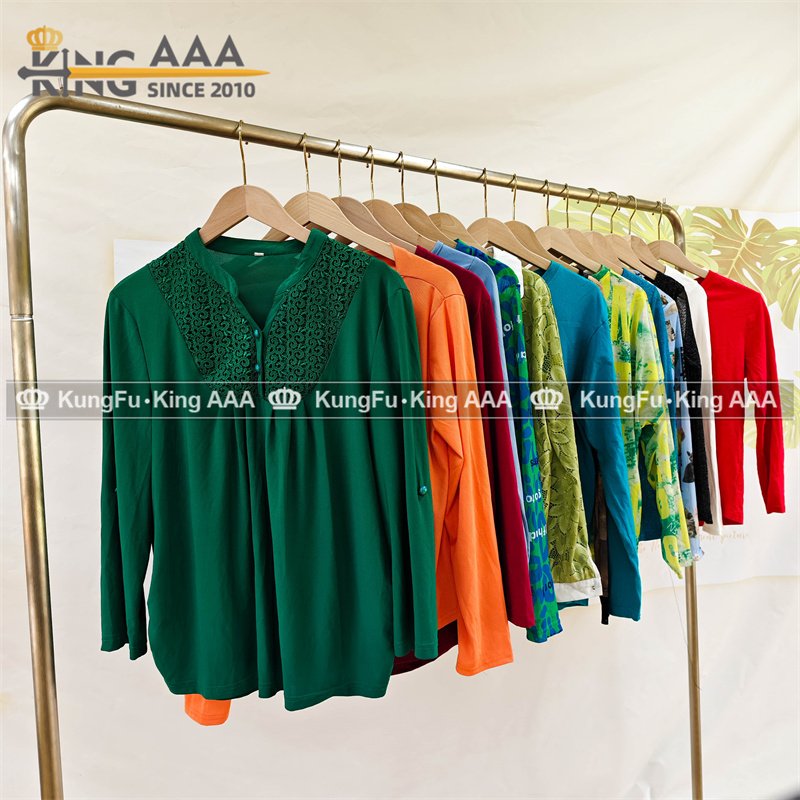 High Quality Women Casual Solid Blouse Long Sleeve Supplier Cotton T-shirt Second Hand Clothes Used Clothes Bales Clothing Bales