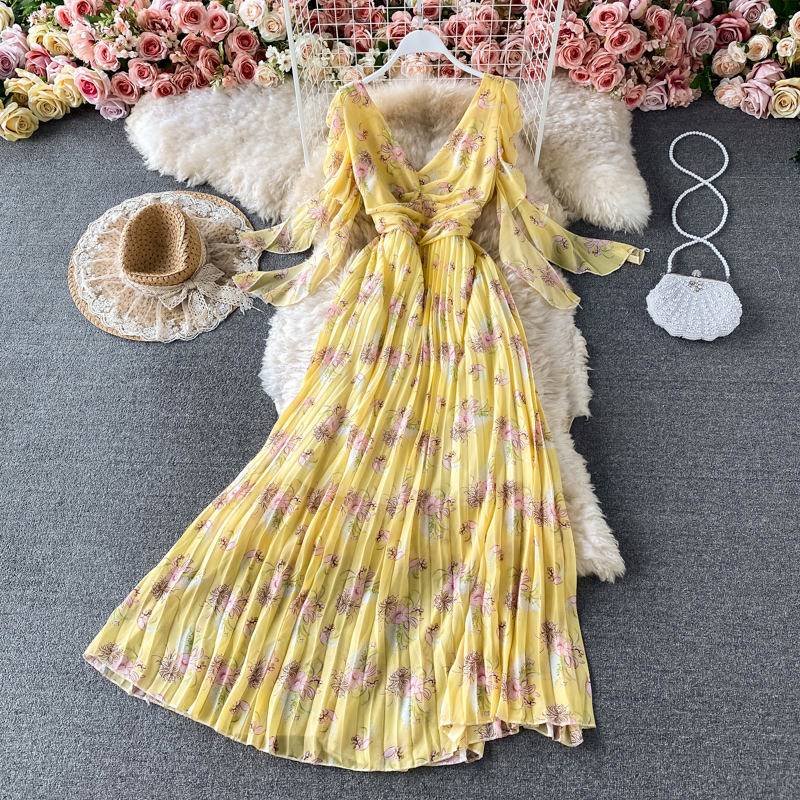 Floral Dress Women 2021 Summer Elegant Ribbon Ruffled Sleeves Pleated V-neck Slim Long Chiffon Dresses Stock