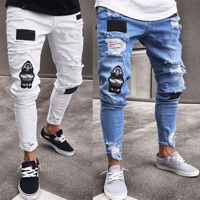 New Style men and women Distressed Destroyed Badge Pants Art Patches Skinny Biker White Jeans Slim Trousers men and women denim