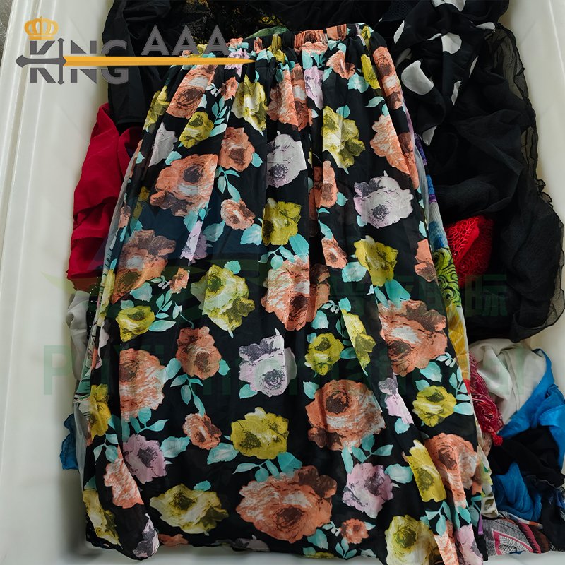 High Quality Women Summer Long Floral Pleated Skirts Second Hand Used Clothes Vintage Printed Chiffon Casual Skirt Stock