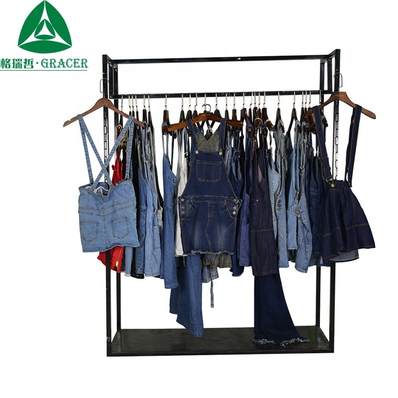 Wholesale used clothes in bale girl and women wear jeans skirt denim strap dress