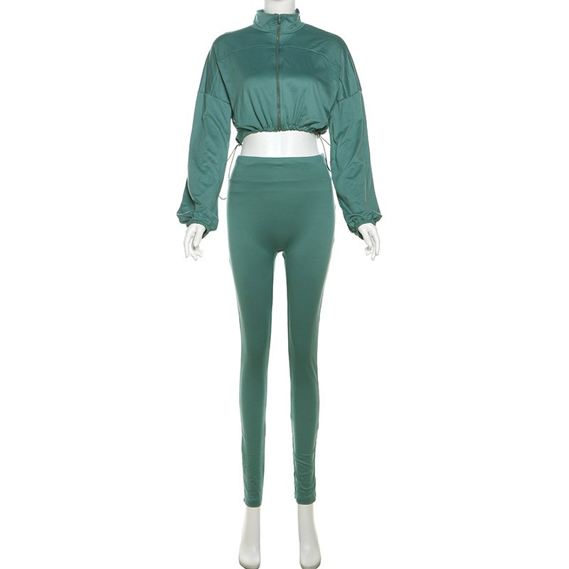 Autumn Casual Women 2 Piece Set Classic Solid Long Sleeve Drawstring Zip-up Coats Zipper Slim Pants Female Basic Sporty Outfits