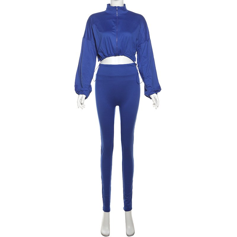 Autumn Casual Women 2 Piece Set Classic Solid Long Sleeve Drawstring Zip-up Coats Zipper Slim Pants Female Basic Sporty Outfits