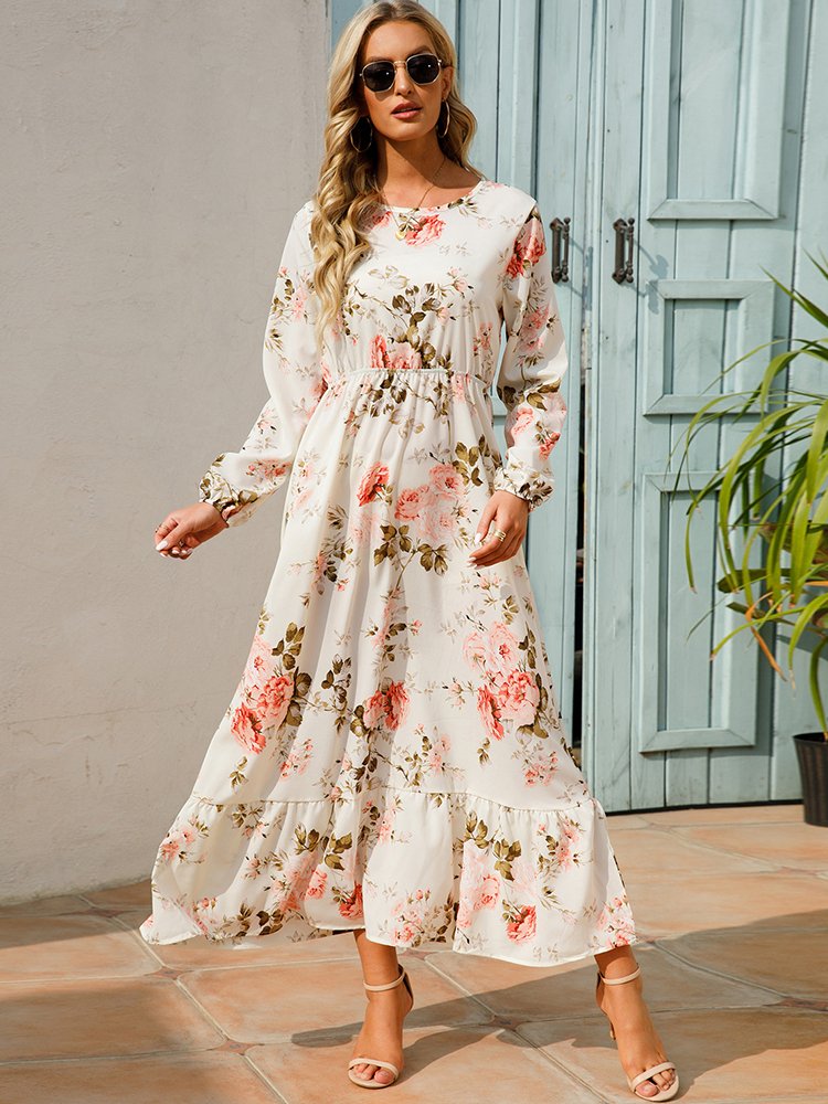 2023 Spring Women Maxi Dresses Casual Full Sleeve Floral Printed O-neck Woman Bohe Beach Party Long used clothes